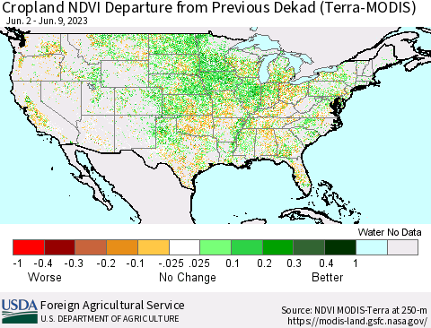 United States Cropland NDVI Departure from Previous Dekad (Terra-MODIS) Thematic Map For 6/1/2023 - 6/10/2023