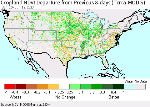 United States Cropland NDVI Departure from Previous 8-days (Terra-MODIS) Thematic Map For 6/10/2023 - 6/17/2023