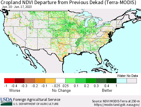 United States Cropland NDVI Departure from Previous Dekad (Terra-MODIS) Thematic Map For 6/11/2023 - 6/20/2023