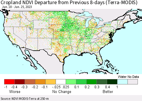 United States Cropland NDVI Departure from Previous 8-days (Terra-MODIS) Thematic Map For 6/18/2023 - 6/25/2023