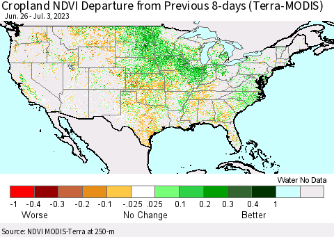 United States Cropland NDVI Departure from Previous 8-days (Terra-MODIS) Thematic Map For 6/26/2023 - 7/3/2023