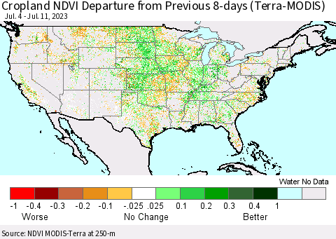 United States Cropland NDVI Departure from Previous 8-days (Terra-MODIS) Thematic Map For 7/4/2023 - 7/11/2023