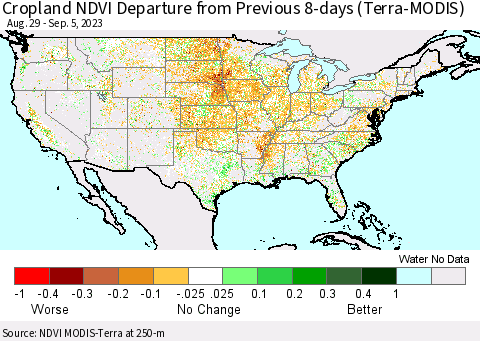 United States Cropland NDVI Departure from Previous 8-days (Terra-MODIS) Thematic Map For 8/29/2023 - 9/5/2023