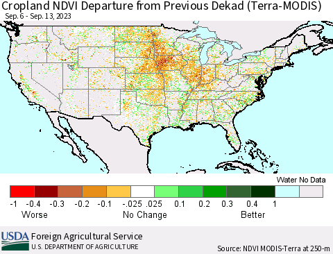 United States Cropland NDVI Departure from Previous Dekad (Terra-MODIS) Thematic Map For 9/11/2023 - 9/20/2023