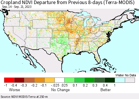 United States Cropland NDVI Departure from Previous 8-days (Terra-MODIS) Thematic Map For 9/14/2023 - 9/21/2023