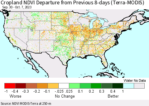 United States Cropland NDVI Departure from Previous 8-days (Terra-MODIS) Thematic Map For 9/30/2023 - 10/7/2023