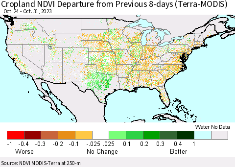 United States Cropland NDVI Departure from Previous 8-days (Terra-MODIS) Thematic Map For 10/24/2023 - 10/31/2023