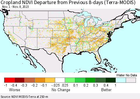 United States Cropland NDVI Departure from Previous 8-days (Terra-MODIS) Thematic Map For 11/1/2023 - 11/8/2023