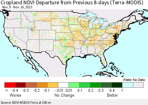 United States Cropland NDVI Departure from Previous 8-days (Terra-MODIS) Thematic Map For 11/9/2023 - 11/16/2023