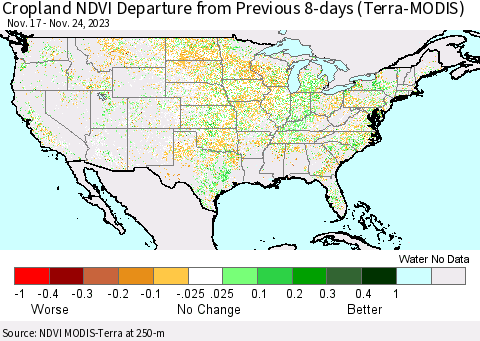 United States Cropland NDVI Departure from Previous 8-days (Terra-MODIS) Thematic Map For 11/17/2023 - 11/24/2023