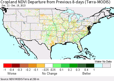 United States Cropland NDVI Departure from Previous 8-days (Terra-MODIS) Thematic Map For 12/11/2023 - 12/18/2023