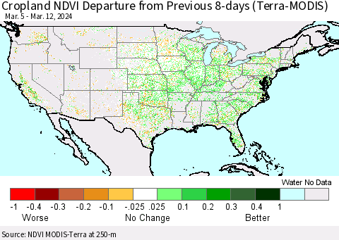United States Cropland NDVI Departure from Previous 8-days (Terra-MODIS) Thematic Map For 3/5/2024 - 3/12/2024