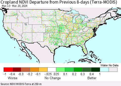 United States Cropland NDVI Departure from Previous 8-days (Terra-MODIS) Thematic Map For 3/13/2024 - 3/20/2024