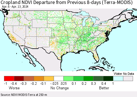 United States Cropland NDVI Departure from Previous 8-days (Terra-MODIS) Thematic Map For 4/6/2024 - 4/13/2024