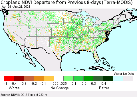 United States Cropland NDVI Departure from Previous 8-days (Terra-MODIS) Thematic Map For 4/14/2024 - 4/21/2024