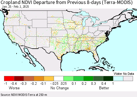 United States Cropland NDVI Departure from Previous 8-days (Terra-MODIS) Thematic Map For 1/25/2025 - 2/1/2025