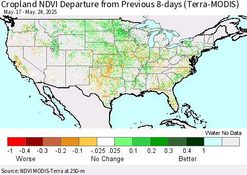 United States Cropland NDVI Departure from Previous 8-days (Terra-MODIS) Thematic Map For 5/17/2025 - 5/24/2025