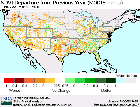 United States NDVI Departure from Previous Year (Terra-MODIS) Thematic Map For 3/21/2018 - 3/31/2018