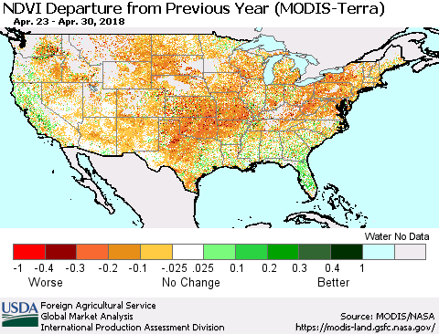 United States NDVI Departure from Previous Year (Terra-MODIS) Thematic Map For 4/21/2018 - 4/30/2018