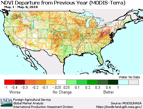 United States NDVI Departure from Previous Year (Terra-MODIS) Thematic Map For 5/1/2018 - 5/10/2018