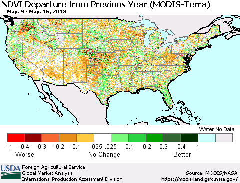 United States NDVI Departure from Previous Year (Terra-MODIS) Thematic Map For 5/11/2018 - 5/20/2018