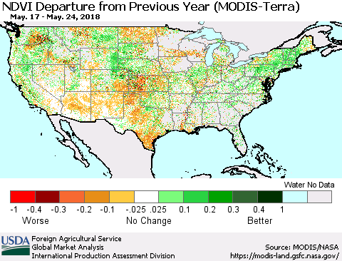 United States NDVI Departure from Previous Year (Terra-MODIS) Thematic Map For 5/21/2018 - 5/31/2018