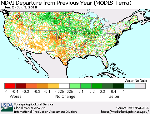 United States NDVI Departure from Previous Year (Terra-MODIS) Thematic Map For 6/1/2018 - 6/10/2018
