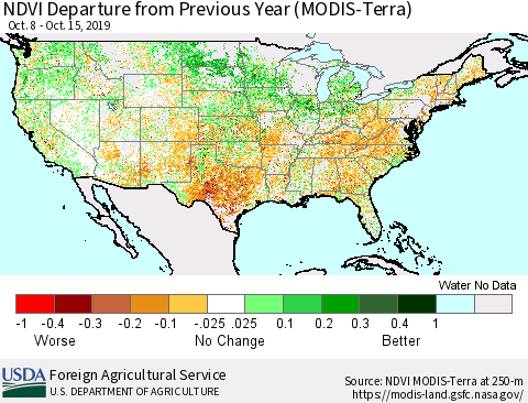 United States NDVI Departure from Previous Year (MODIS-Terra) Thematic Map For 10/11/2019 - 10/20/2019