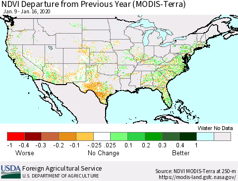 United States NDVI Departure from Previous Year (MODIS-Terra) Thematic Map For 1/11/2020 - 1/20/2020