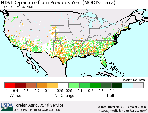 United States NDVI Departure from Previous Year (MODIS-Terra) Thematic Map For 1/21/2020 - 1/31/2020