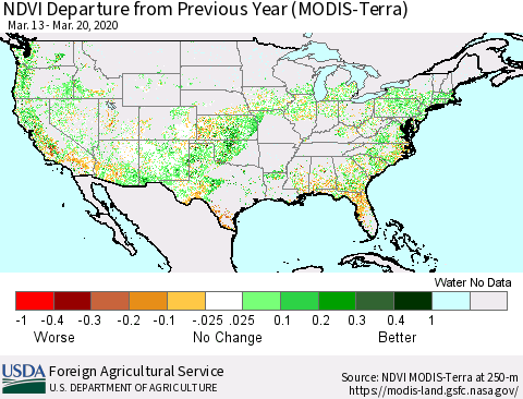 United States NDVI Departure from Previous Year (Terra-MODIS) Thematic Map For 3/11/2020 - 3/20/2020
