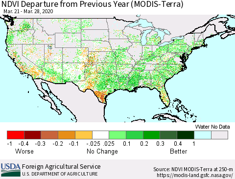 United States NDVI Departure from Previous Year (Terra-MODIS) Thematic Map For 3/21/2020 - 3/31/2020