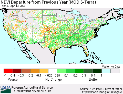United States NDVI Departure from Previous Year (MODIS-Terra) Thematic Map For 4/11/2020 - 4/20/2020