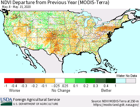 United States NDVI Departure from Previous Year (MODIS-Terra) Thematic Map For 5/11/2020 - 5/20/2020