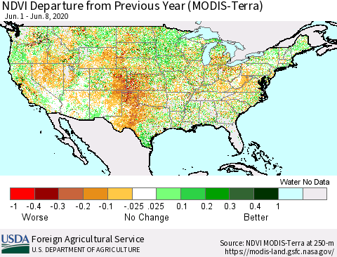 United States NDVI Departure from Previous Year (Terra-MODIS) Thematic Map For 6/1/2020 - 6/10/2020