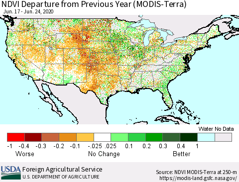 United States NDVI Departure from Previous Year (Terra-MODIS) Thematic Map For 6/21/2020 - 6/30/2020