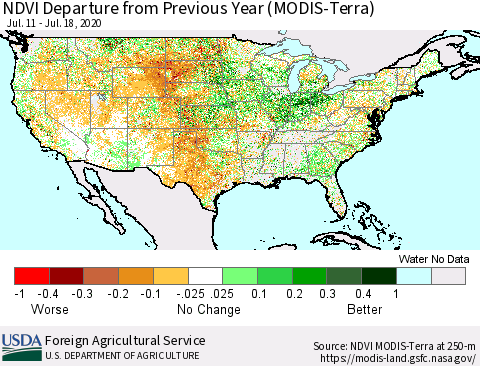United States NDVI Departure from Previous Year (Terra-MODIS) Thematic Map For 7/11/2020 - 7/20/2020
