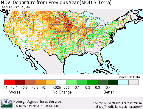 United States NDVI Departure from Previous Year (MODIS-Terra) Thematic Map For 9/11/2020 - 9/20/2020