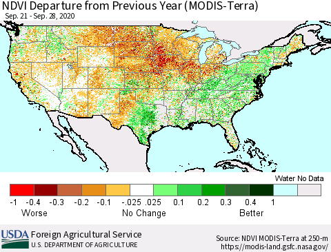 United States NDVI Departure from Previous Year (Terra-MODIS) Thematic Map For 9/21/2020 - 9/30/2020