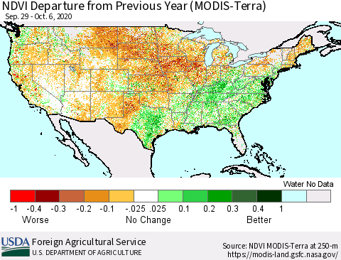 United States NDVI Departure from Previous Year (Terra-MODIS) Thematic Map For 10/1/2020 - 10/10/2020