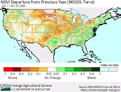 United States NDVI Departure from Previous Year (Terra-MODIS) Thematic Map For 10/11/2020 - 10/20/2020