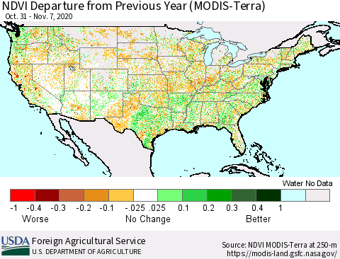 United States NDVI Departure from Previous Year (MODIS-Terra) Thematic Map For 11/1/2020 - 11/10/2020
