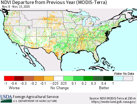 United States NDVI Departure from Previous Year (MODIS-Terra) Thematic Map For 11/11/2020 - 11/20/2020