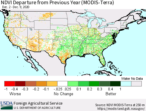 United States NDVI Departure from Previous Year (MODIS-Terra) Thematic Map For 12/1/2020 - 12/10/2020
