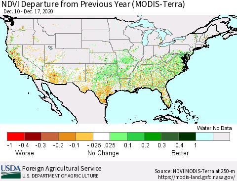 United States NDVI Departure from Previous Year (MODIS-Terra) Thematic Map For 12/11/2020 - 12/20/2020