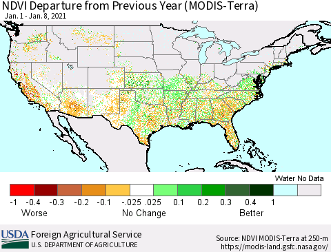 United States NDVI Departure from Previous Year (Terra-MODIS) Thematic Map For 1/1/2021 - 1/10/2021