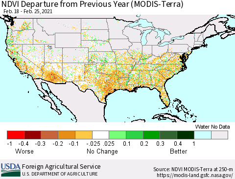 United States NDVI Departure from Previous Year (MODIS-Terra) Thematic Map For 2/21/2021 - 2/28/2021