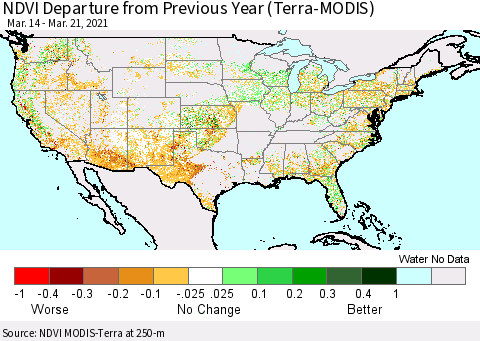 United States NDVI Departure from Previous Year (Terra-MODIS) Thematic Map For 3/14/2021 - 3/21/2021