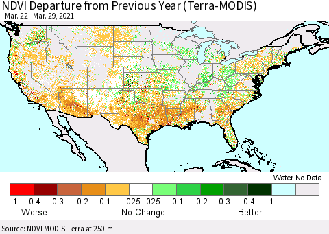 United States NDVI Departure from Previous Year (Terra-MODIS) Thematic Map For 3/22/2021 - 3/29/2021
