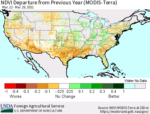 United States NDVI Departure from Previous Year (MODIS-Terra) Thematic Map For 3/21/2021 - 3/31/2021